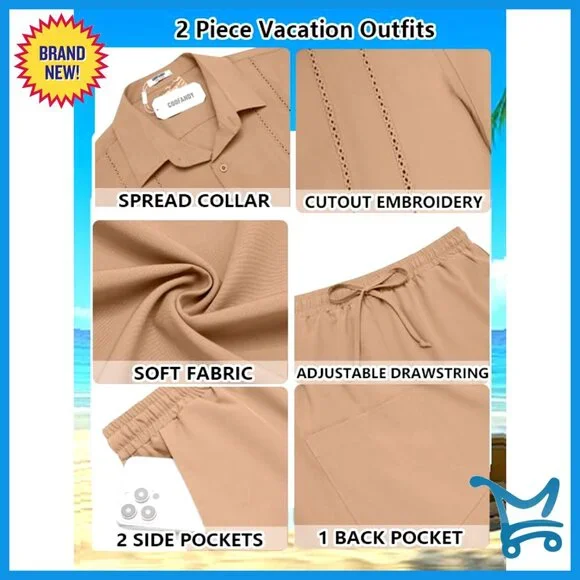 Men's 2 Piece Cuban Guayabera Shirt & Shorts Summer Beach Vacation Set